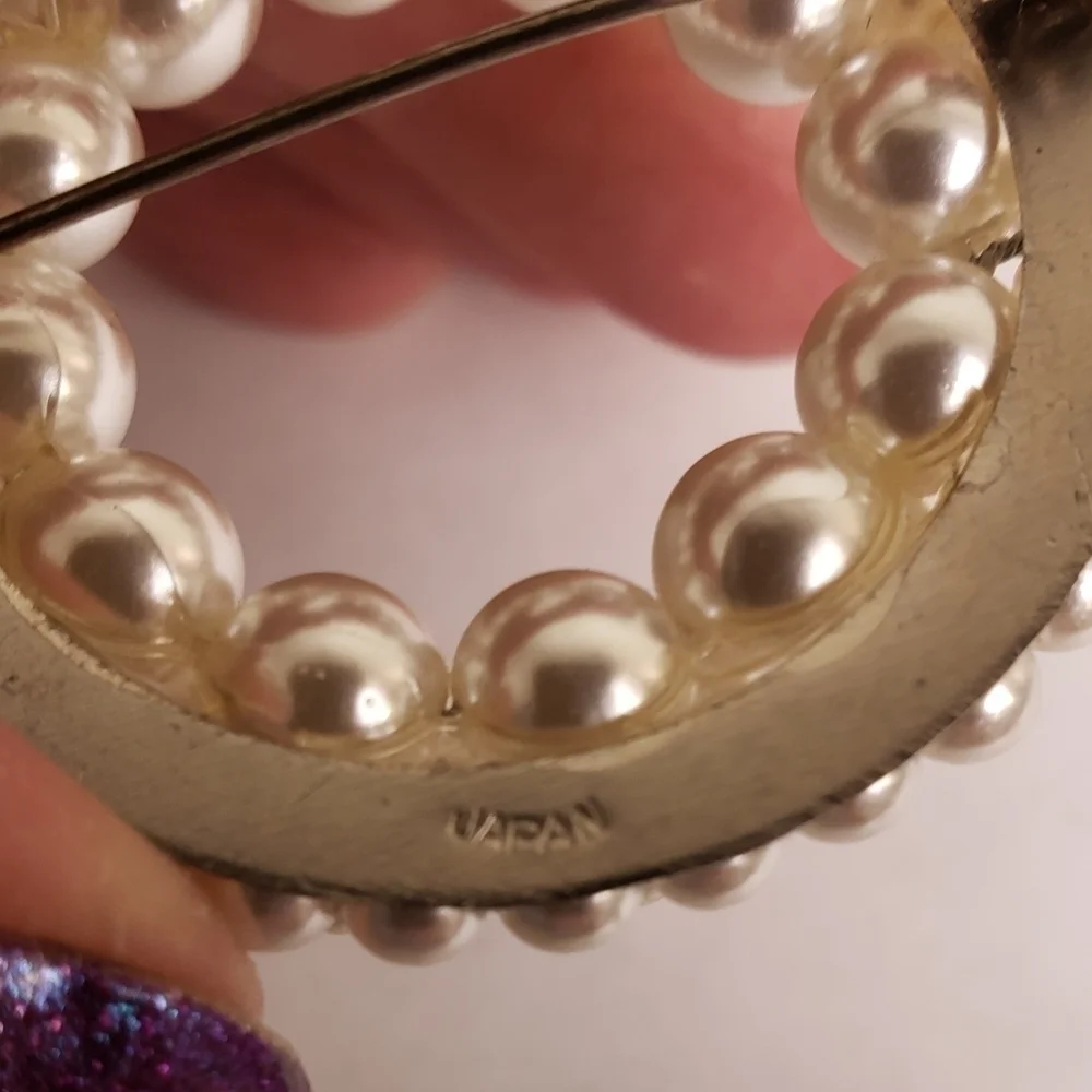Vintage Costume Jewelry Circle Brooch Faux Pearls Made in Japan